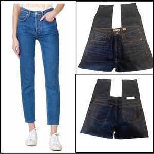 RE/DONE LEVI’S HIGH-RISE DARK WASH RAW-EDGE HEM JEANS 30